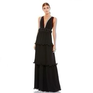 Mac Duggal Pleated Ruffle Tiered Plunge Sleeveless Gown
